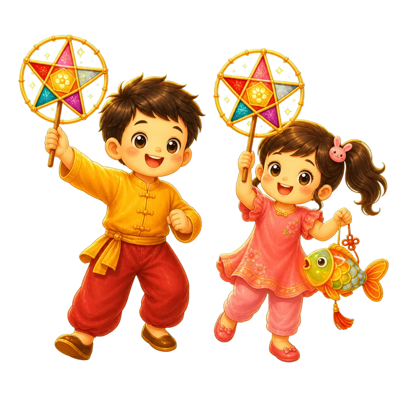 Nguyệt-An and her friend with their lanterns