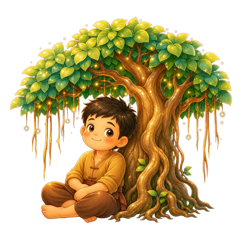Chú Cuội sitting under his banyan tree on the moon
