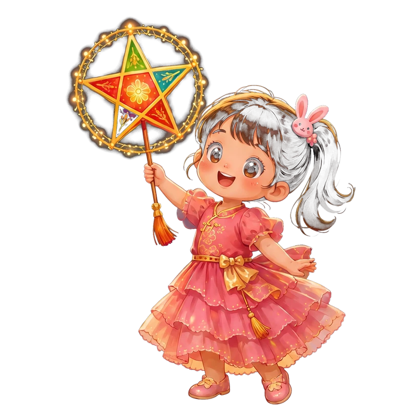 Nguyệt-An in her rose-pink dress, holding up her glowing star lantern