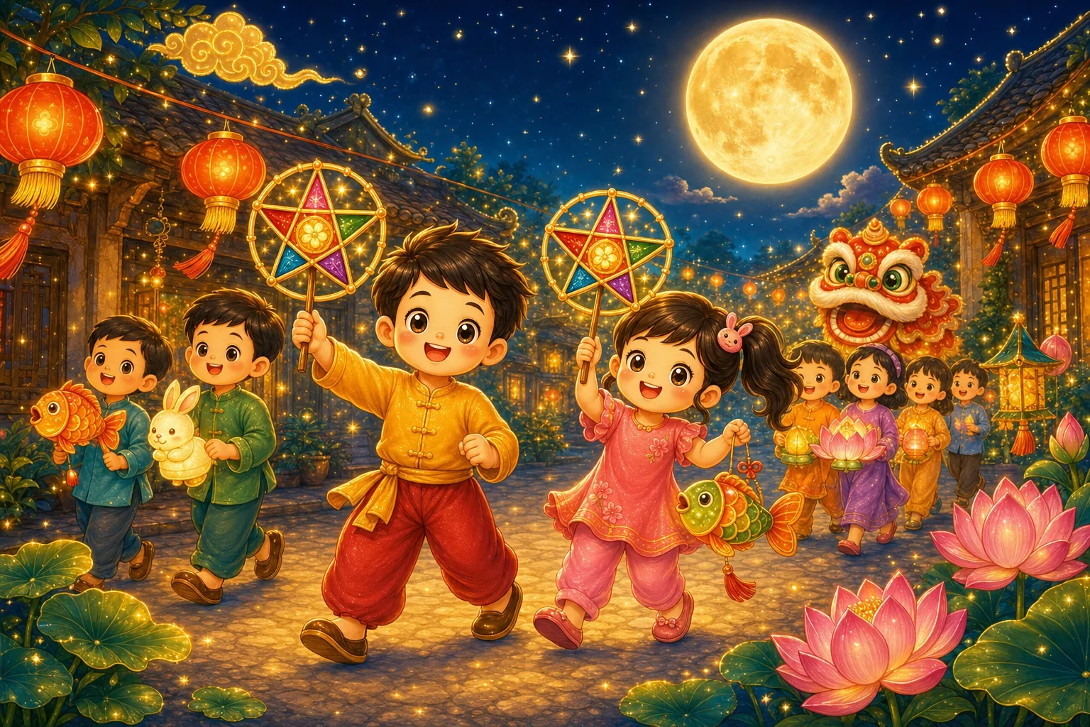 Children parading with glowing đèn ông sao star lanterns and fish lanterns down a lantern-lit street under the full moon