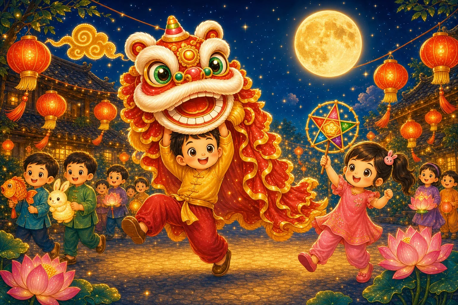 The red-gold múa lân lion leaping as a boy lifts it high, a girl with her star lantern beside him under the full moon