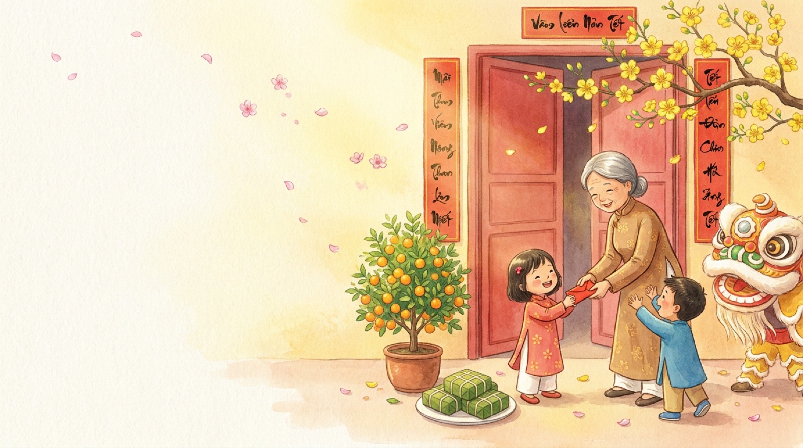 A Tết family scene from the world of Bringing in Tết — welcoming the new year at the doorway with mai blossoms, a kumquat tree, lì xì and the lion dancer