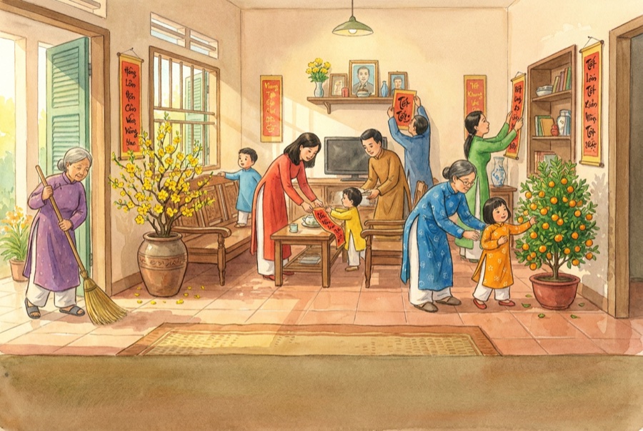 Inside the book — a Vietnamese family preparing their home for Tết