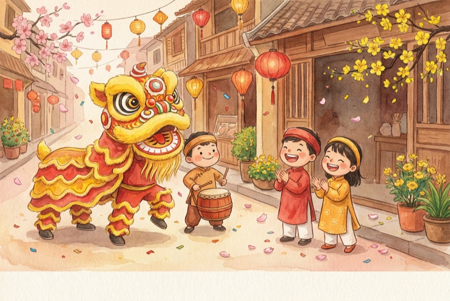 Illustration of children watching the lân lion dance in the street at Tết