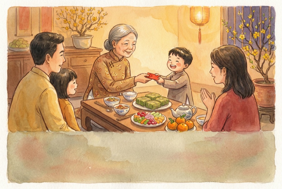 Illustration of a Tết family reunion meal with the grandmother giving a lì xì envelope
