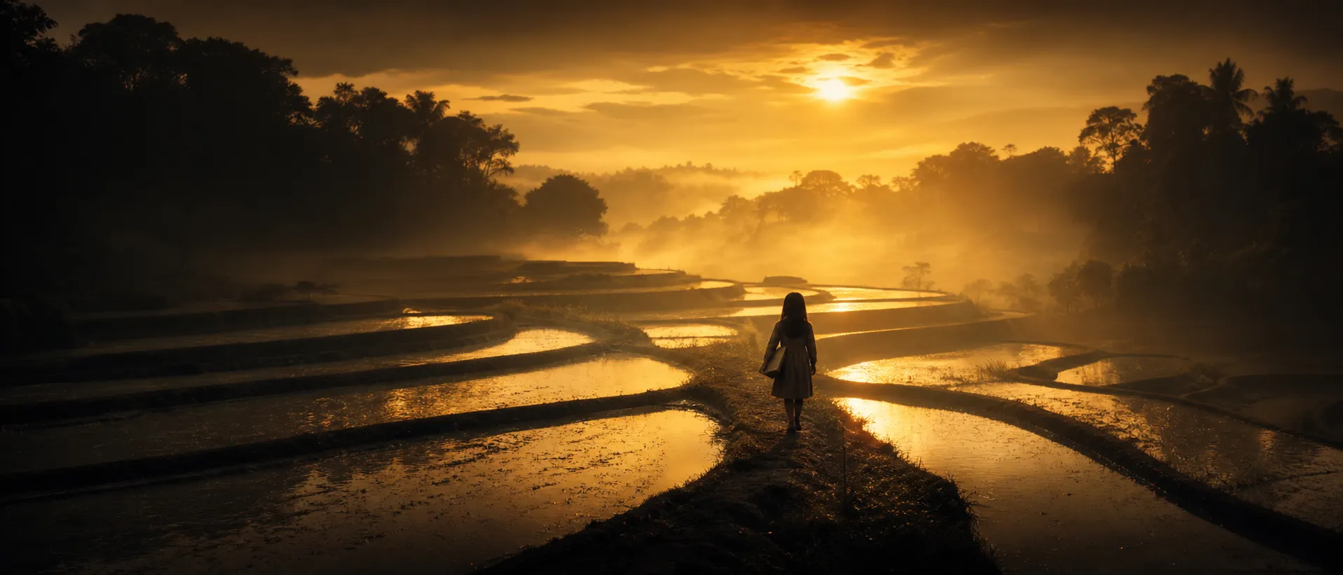 Rice fields at dawn in Vietnam, touched by warm golden light