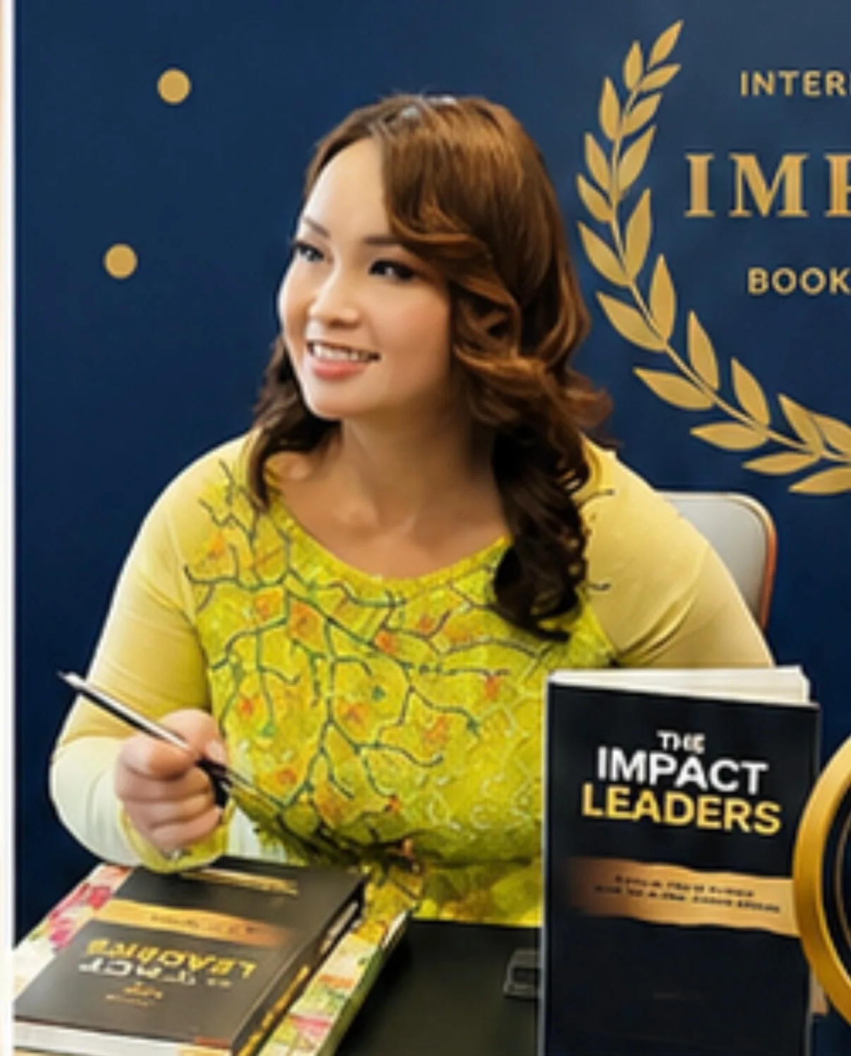 Kimly Hoang-Nakata in a yellow áo dài at the book-signing table
