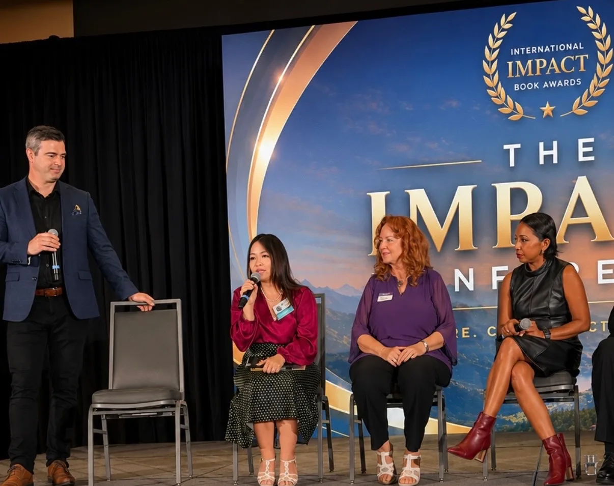Kimly Hoang-Nakata speaking with a microphone on the Impact Conference stage