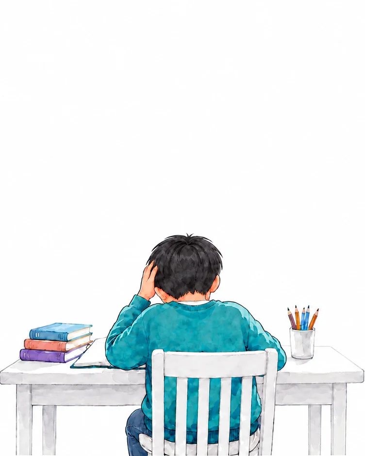 Seen from behind, a boy in a teal sweater sits at a white desk with one hand pressed to his head, a tangled black scribble above it. In a short loop, the tangle unwinds into a glowing light bulb with a colorful brain inside, he raises both arms, and the Achieve Education logo glows on the wall.