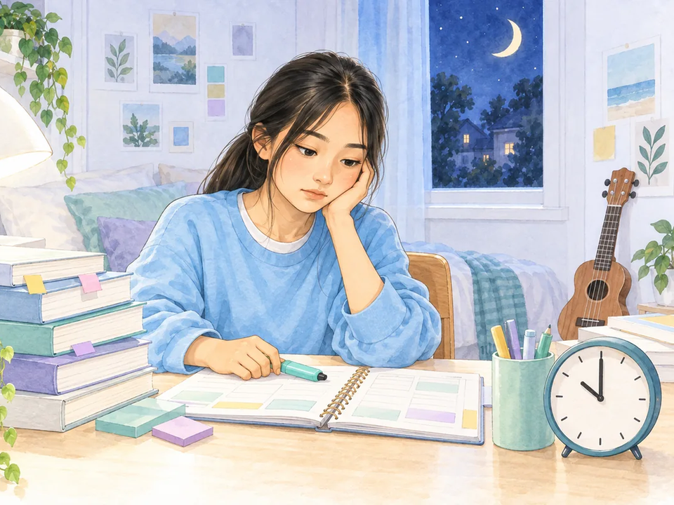 Late at night, a high school student in a sky-blue sweatshirt sits at her desk with her chin in her hand, a tall stack of textbooks beside her, the clock nearing 10 and her ukulele left in the corner.