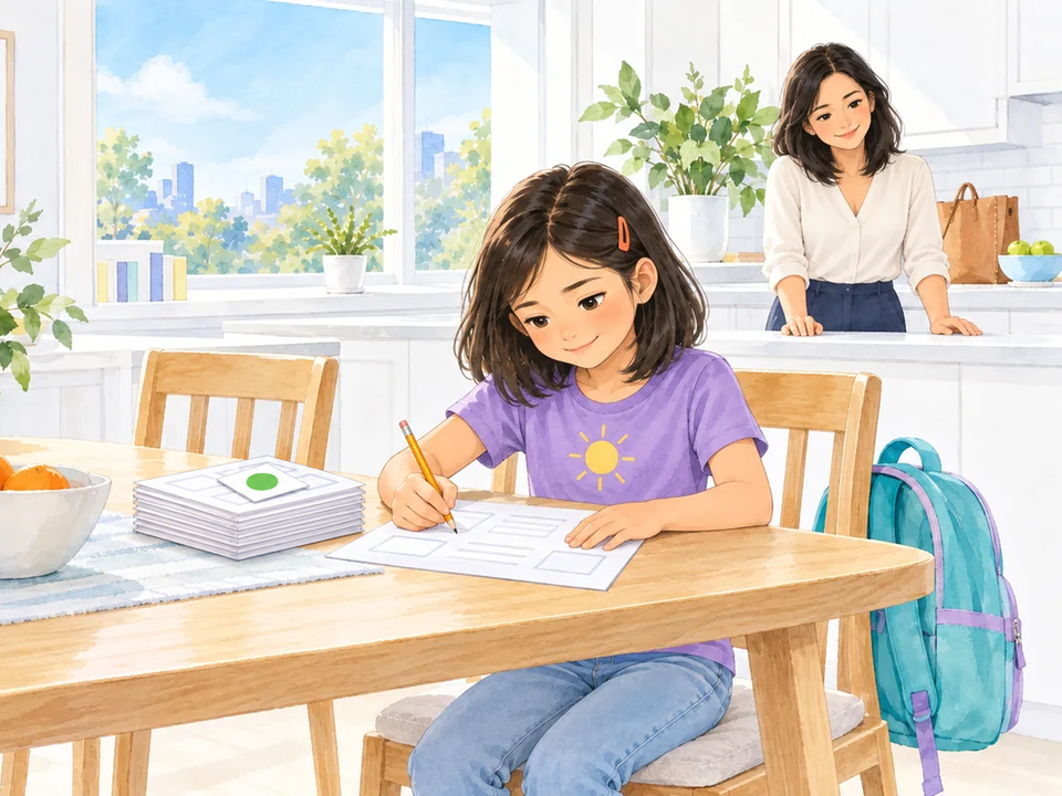 In the bright kitchen, the girl finishes her worksheet, puts her pencil down and gives a happy thumbs up, a neat pile of finished work beside her topped with a card marked by a big green circle, while her mum watches proudly from the counter.