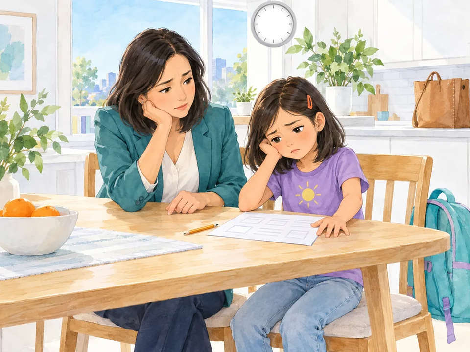 At the kitchen table in the evening, a girl in a lavender T-shirt slumps over her worksheet with her chin in her hand, and her mum, still in her work blazer, sits beside her looking just as worn out, while the hands of the wall clock spin round and round.