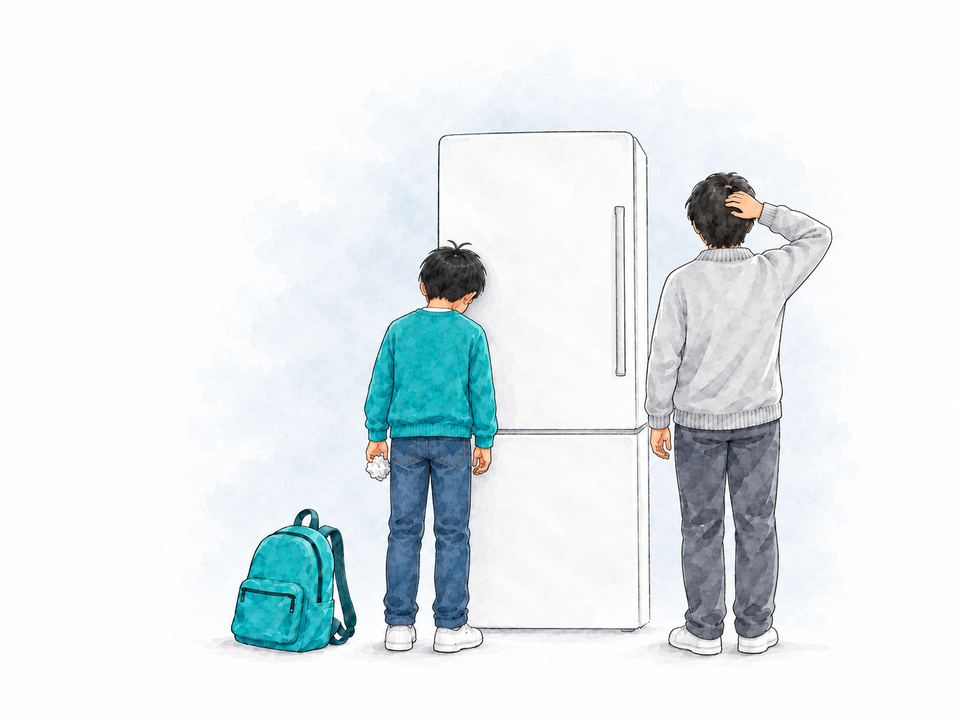 Seen from behind, a boy in a teal sweater slumps with his forehead against the fridge door, a crumpled page in one hand, while his dad stands a step away rubbing the back of his head, unsure.