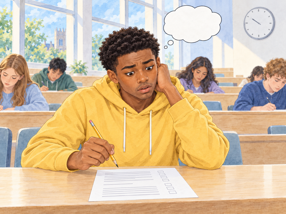 In a bright exam hall, a student in a mustard-yellow hoodie sits frozen over his test, pencil hovering and eyes wide, with only three dots in the thought bubble above him while the classmates around him keep writing.