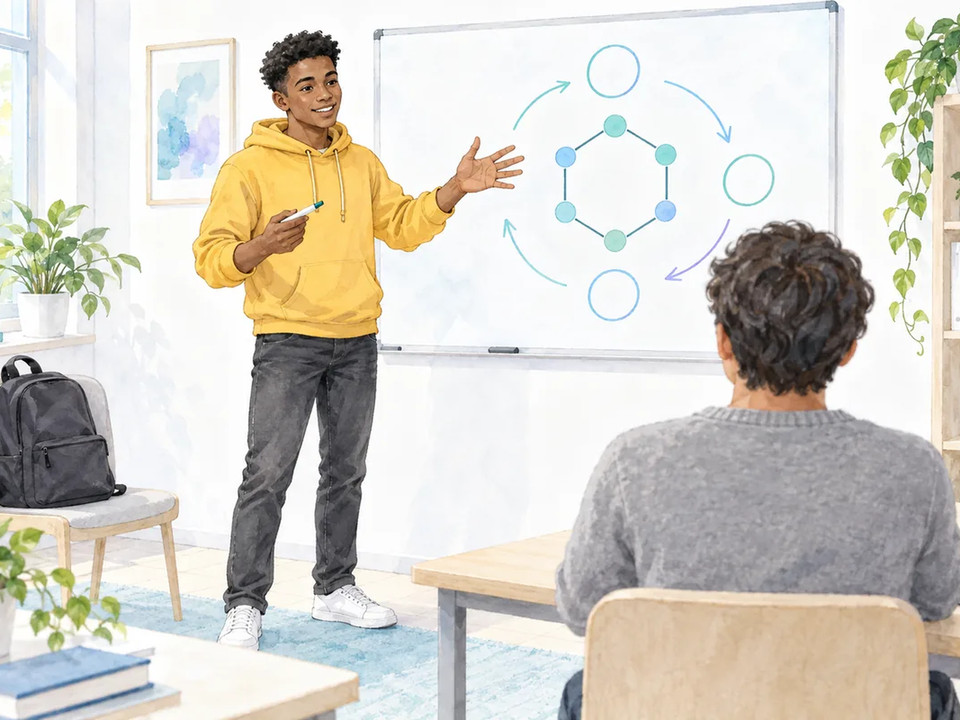 In a bright study room, a student in a mustard-yellow hoodie stands at a whiteboard explaining a diagram with his hands, while a classmate seated at the table nods along.