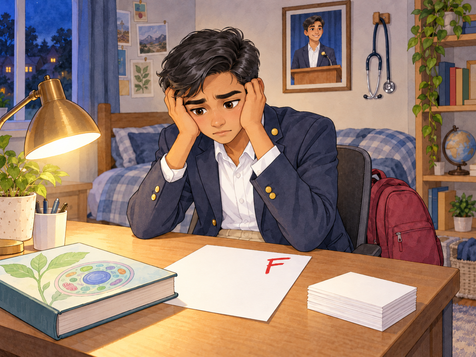 In his bedroom at night, a high school senior in a navy blazer sits at his desk with his head in his hands, a test marked with a red F in front of him beside a closed biology book, while a photo of him speaking at a podium and a stethoscope hang on the wall behind him.