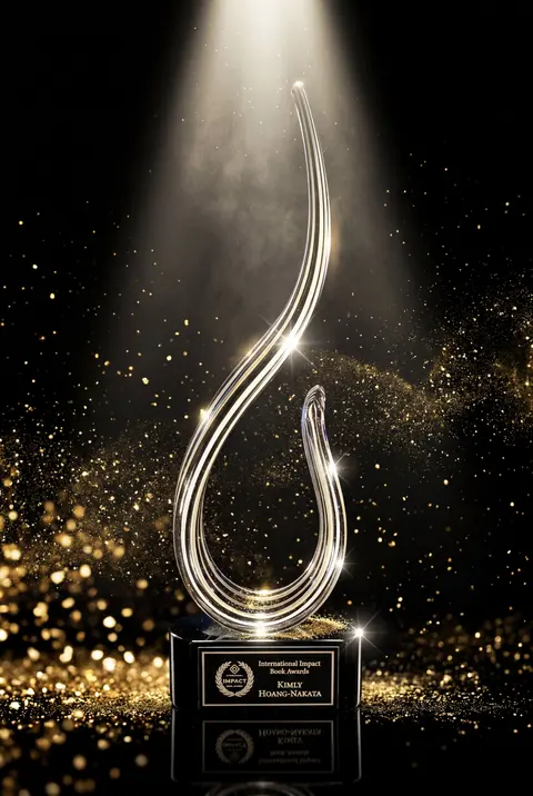 International Impact Book Awards trophy engraved with Kimly Hoang-Nakata's name