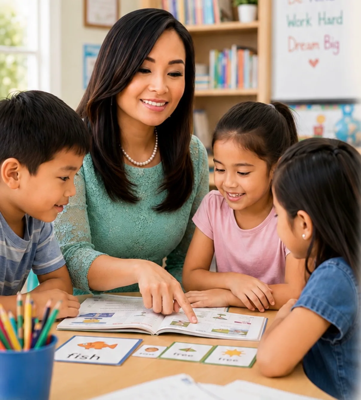 Kimly Hoang-Nakata teaching three young children at a table with picture flashcards