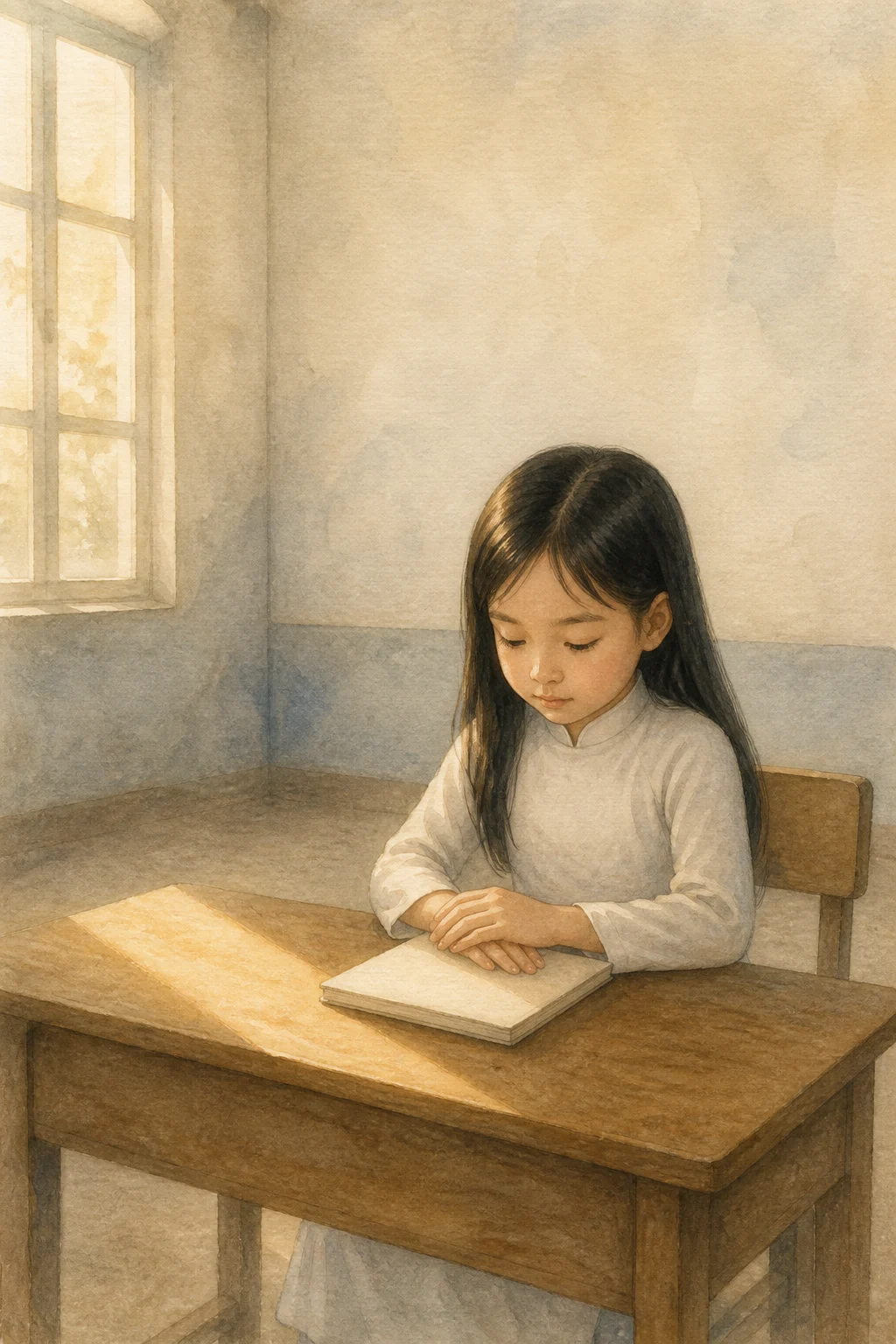 Watercolor illustration of a young girl sitting quietly alone at a school desk