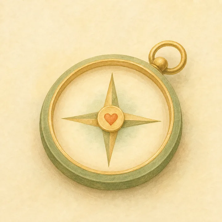 Storybook artwork of a heart and compass representing character and leadership