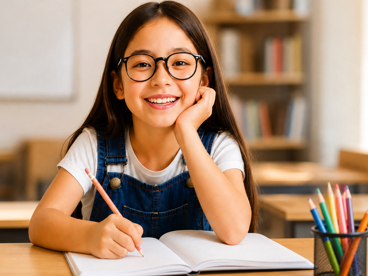 A smiling student in glasses writing in her notebook during a MindSmart Academic Coaching session
