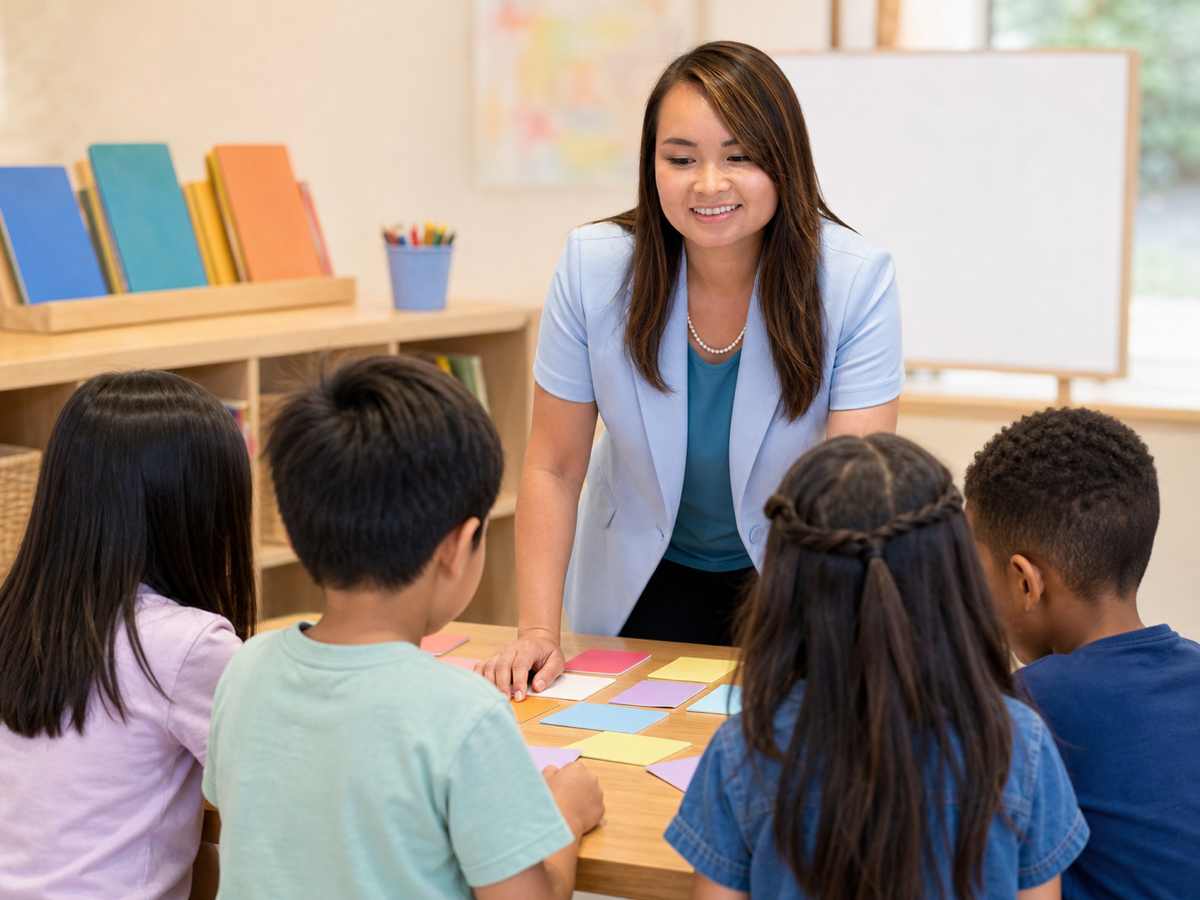 Kimly guiding a small-group MindSmart Learning Lab, children seen from behind around a classroom table
