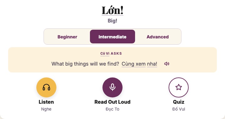 Book 1, Lớn! (Big!), with Intermediate selected beside Beginner and Advanced, above Listen, Read Out Loud and Quiz