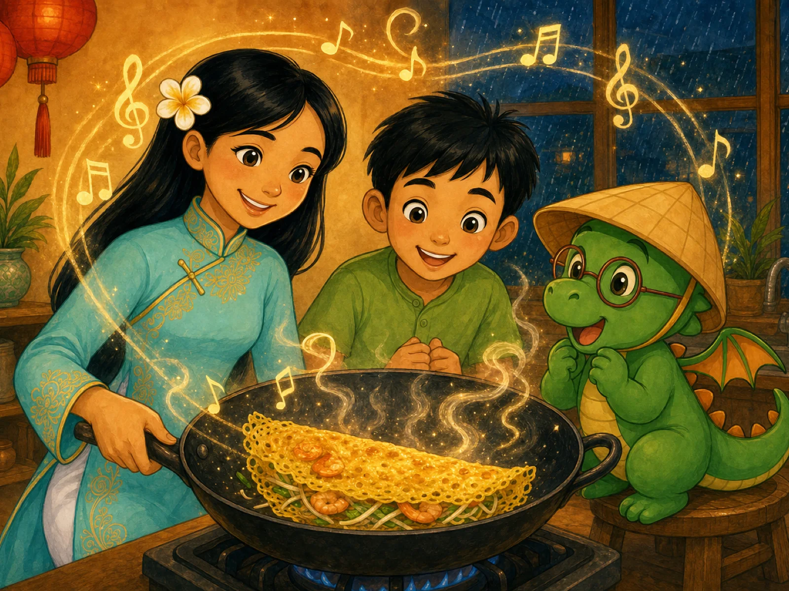 The Say Việt audiobook story — Cô Vi cooking with a boy and Bảo the dragon as musical notes swirl overhead
