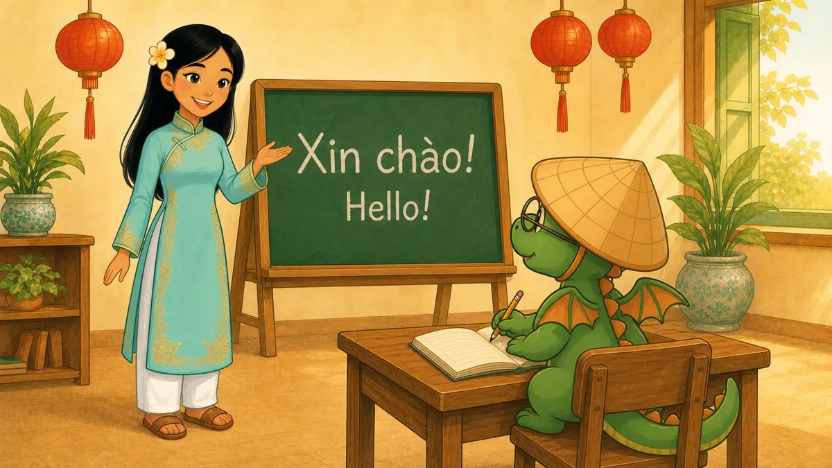 Cô Vi teaching at the chalkboard while Bảo follows along from his desk