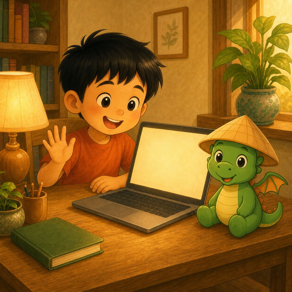 A child speaking to a warmly glowing laptop, plush Bảo beside it
