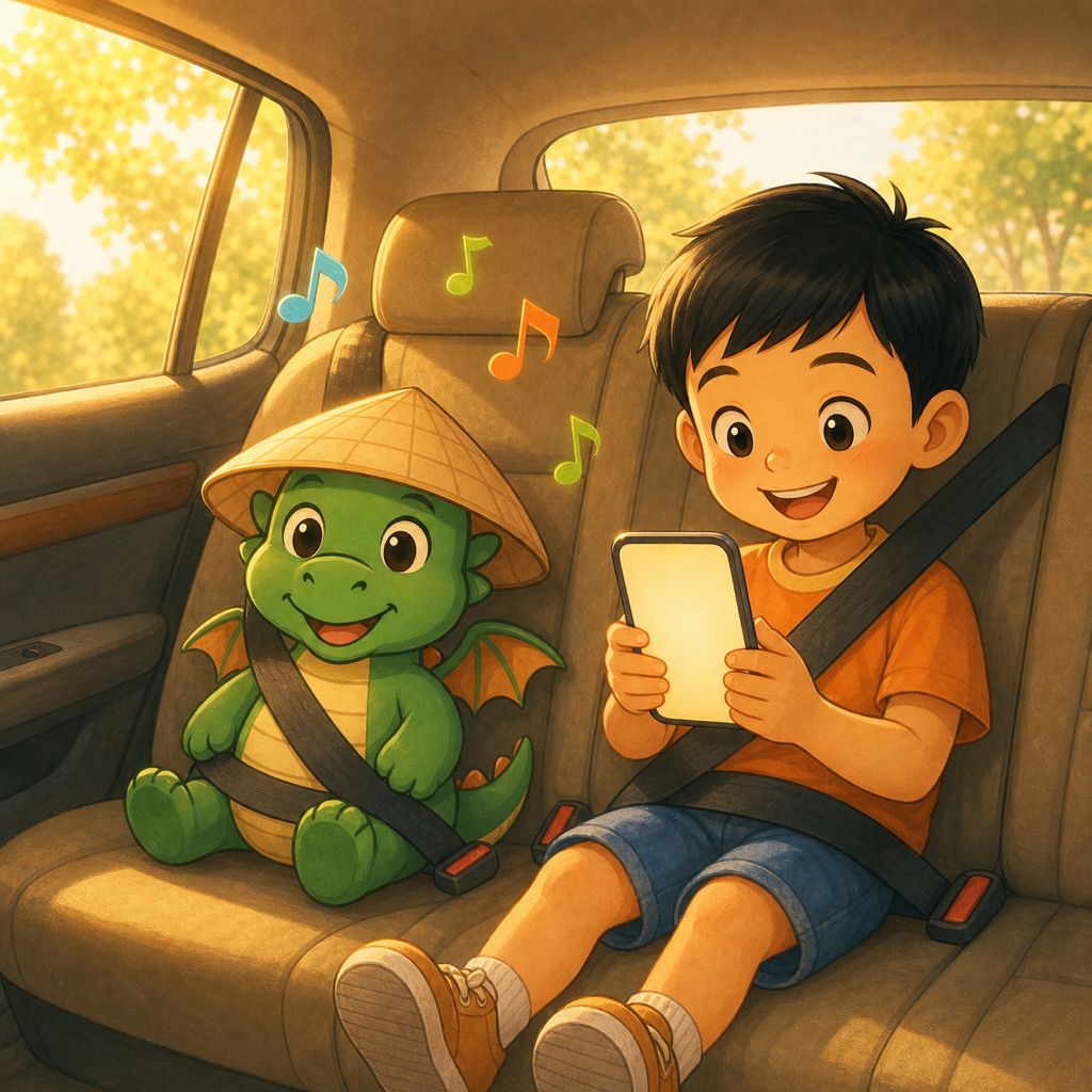 A child in the back seat with a phone, plush Bảo buckled beside them