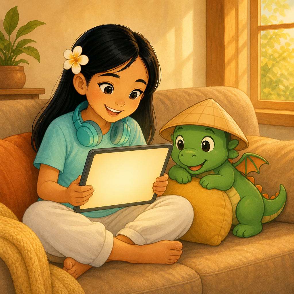 A child curled on the couch with a tablet, Bảo peeking from a cushion
