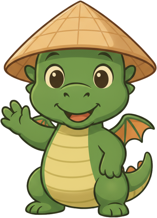 Bảo, the baby dragon in a nón lá, waving hello