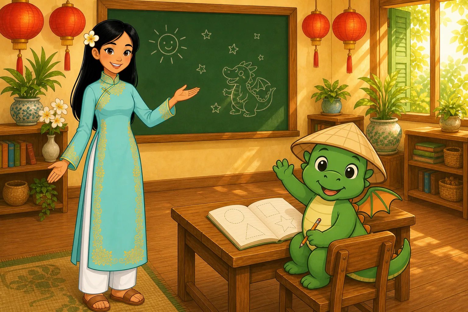 Cô Vi welcoming you from the chalkboard while Bảo turns from his desk to wave — both introducing themselves