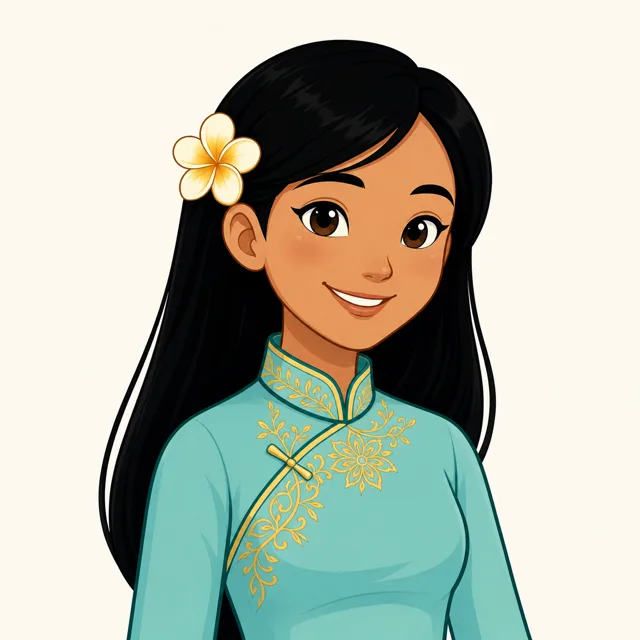 Cô Vi, a young Vietnamese teacher in an aqua áo dài with a plumeria in her hair
