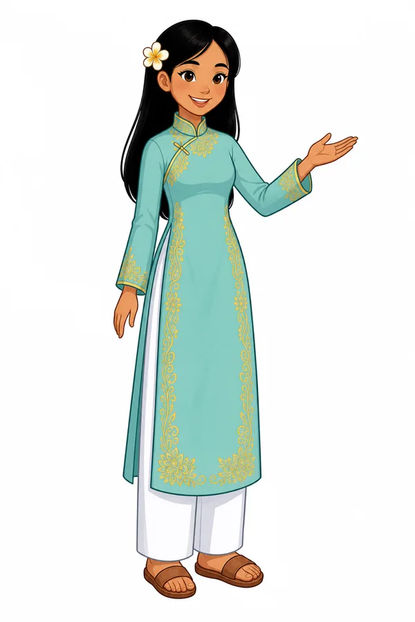 Cô Vi, a young Vietnamese teacher in an aqua áo dài with a plumeria in her hair