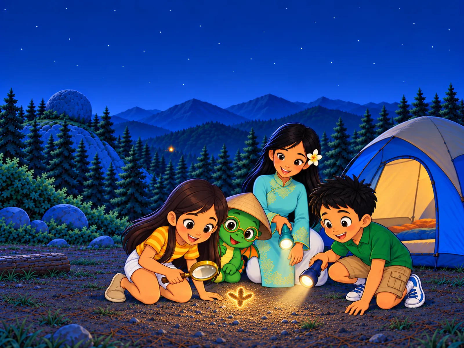 Under a starry sky in the mountain pines, Mai studies a glowing footprint through a magnifying glass while Cô Vi and Đức shine their flashlights on it, and Bảo the little green dragon in a nón lá peeks out beside her.