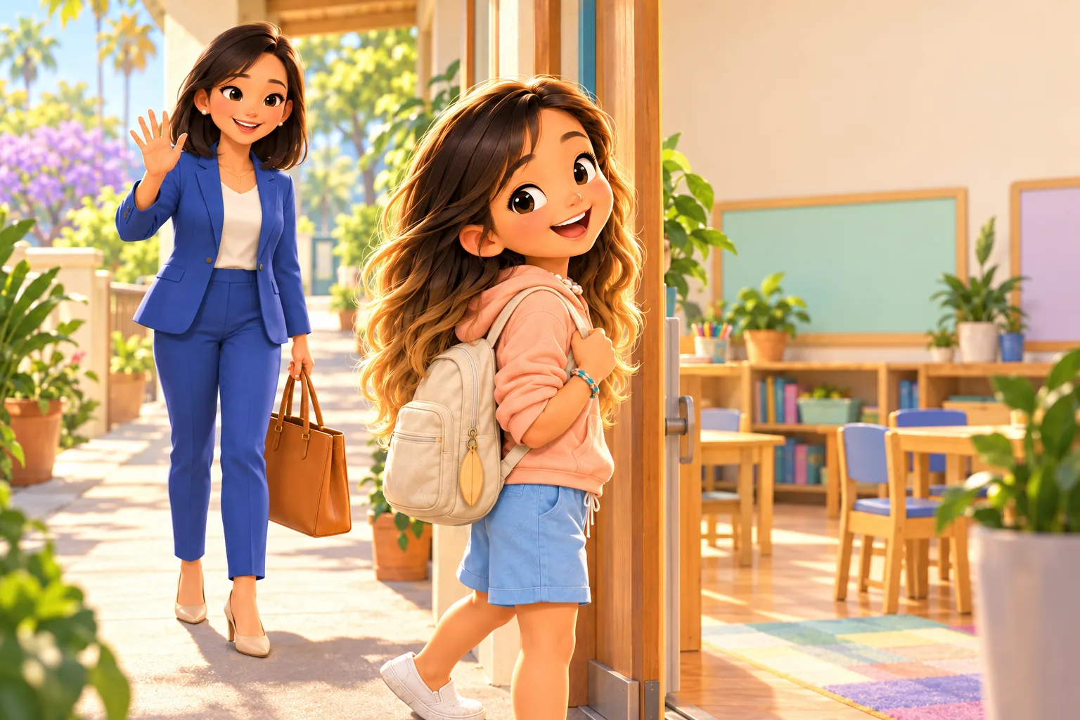 Illustration: on a bright school morning, a girl with her backpack turns back at the open classroom door with a big smile while her mother, dressed for work, waves goodbye from the walk.