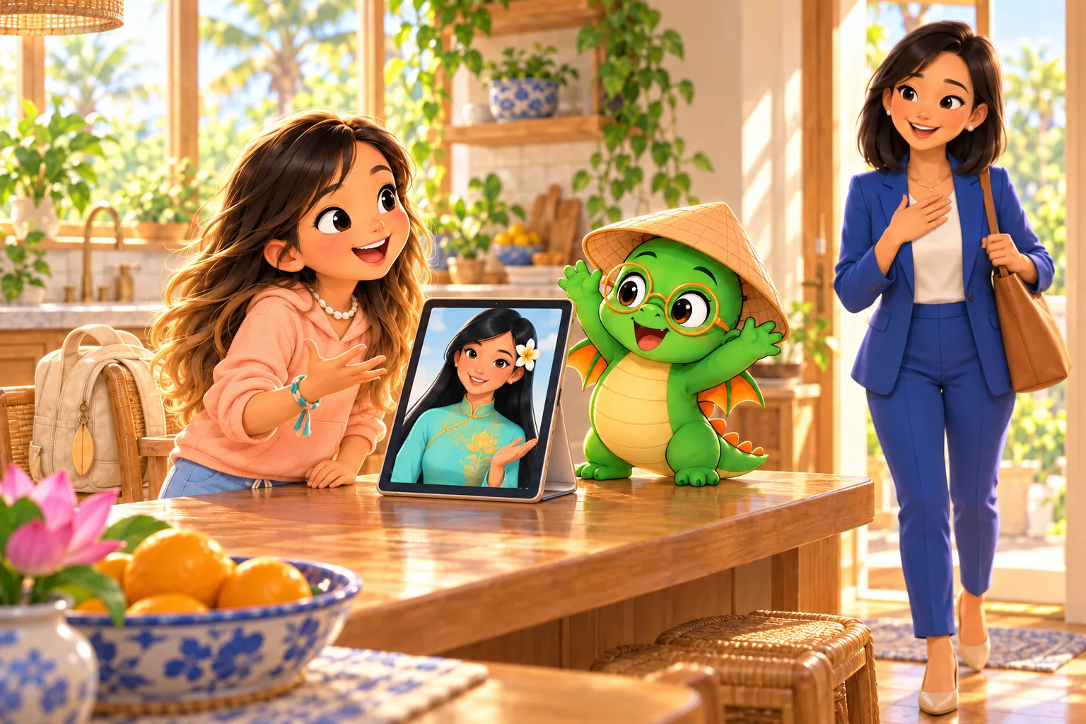 Illustration: after school at the kitchen counter, a girl says a Vietnamese word back to Cô Vi on a tablet while Bảo, a little green dragon, cheers beside her. Her mother, home from work in a blue suit, stops in the doorway, delighted.
