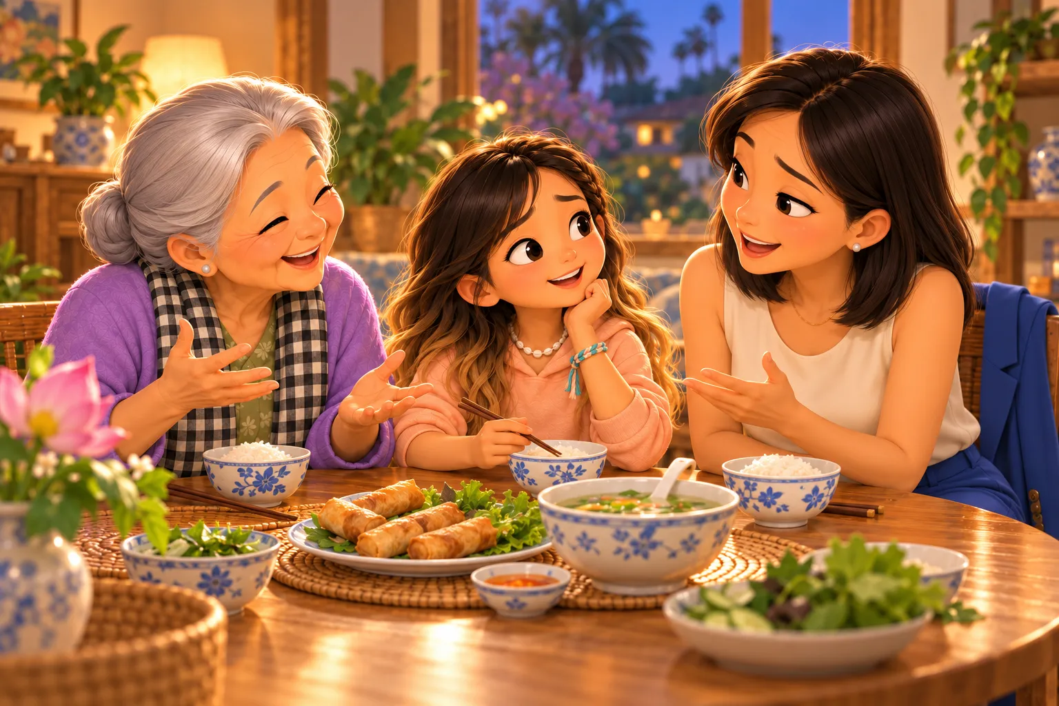 Illustration: at a family dinner, a grandmother tells a story with her hands while her granddaughter watches and her mother leans in to translate.