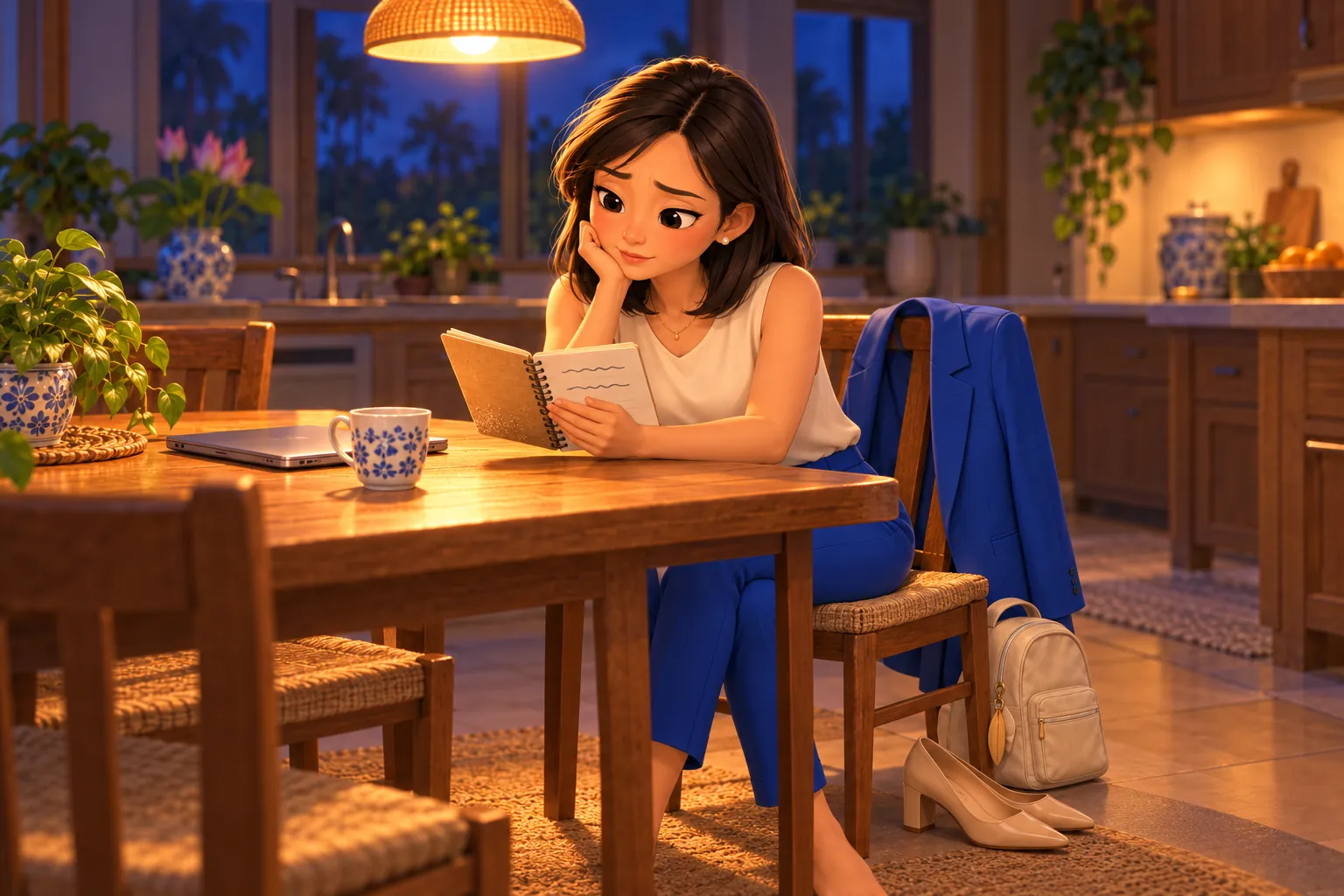 Illustration: late at night, a mother sits alone at the kitchen table with her blazer on the chair and her shoes off, looking at her daughter’s Vietnamese school notebook.
