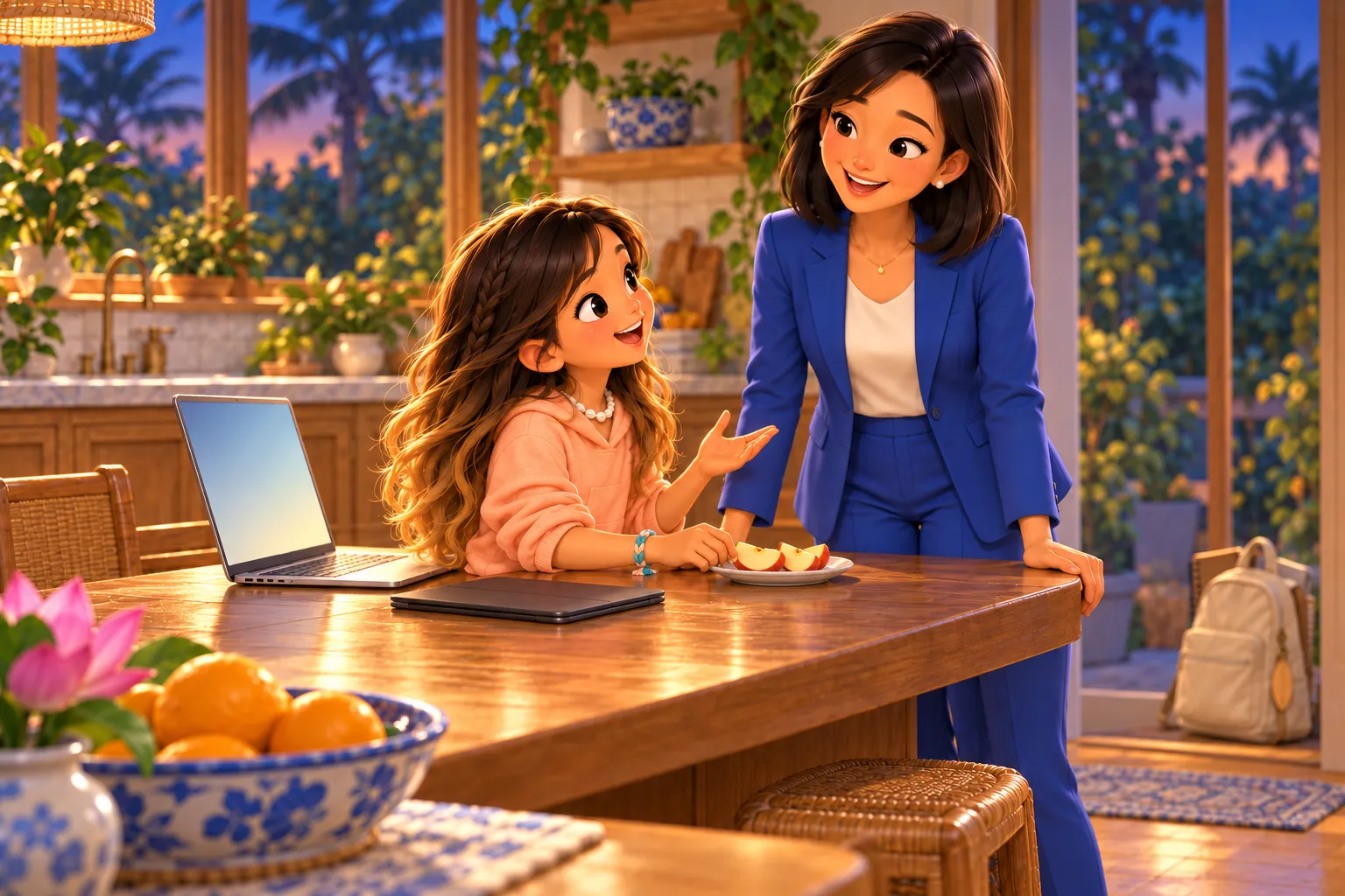 Illustration: the same kitchen on a weekday evening. The tablet sits closed on the counter beside an open laptop while a girl chats about her day over apple slices and her mother, still in her blue suit, laughs along; the girl’s backpack waits by the door.