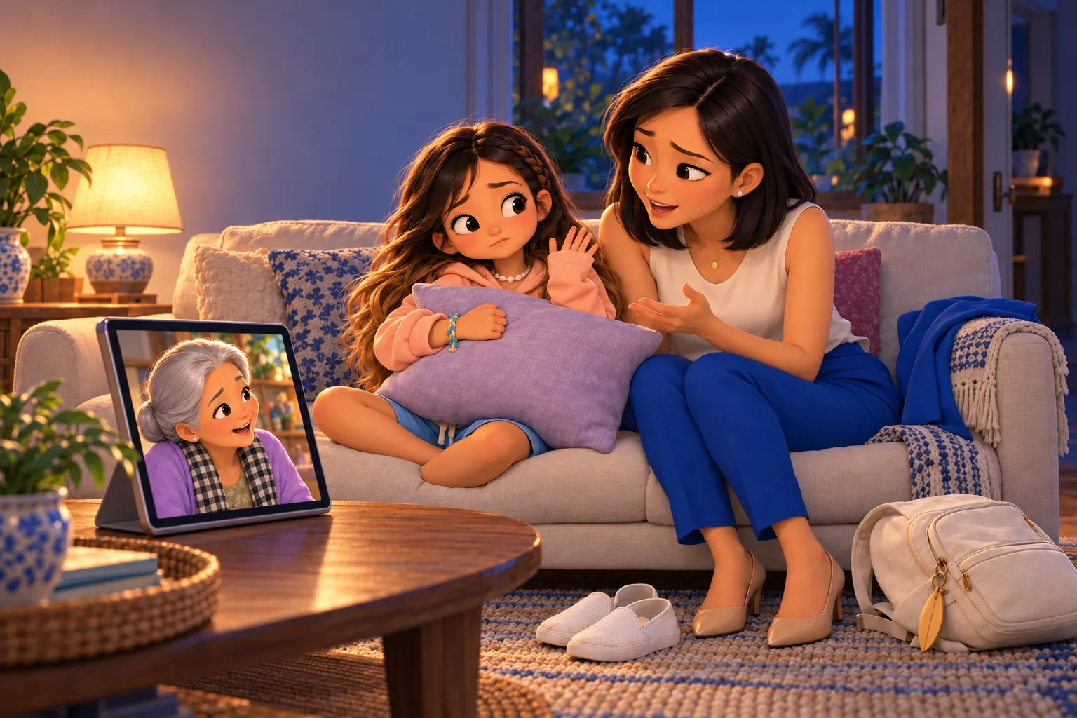 Illustration: at dusk, a girl half hidden behind a sofa cushion gives a small wave to her grandmother on a tablet video call, while her mother leans in to translate.