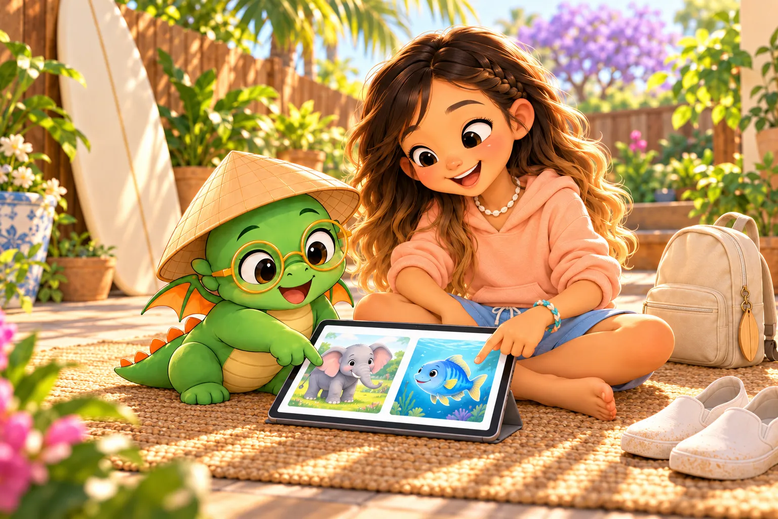 Illustration: on a sunny backyard patio, a girl in a hoodie and Bảo, a little green dragon, point at picture cards on a tablet; a surfboard leans on the fence behind them.
