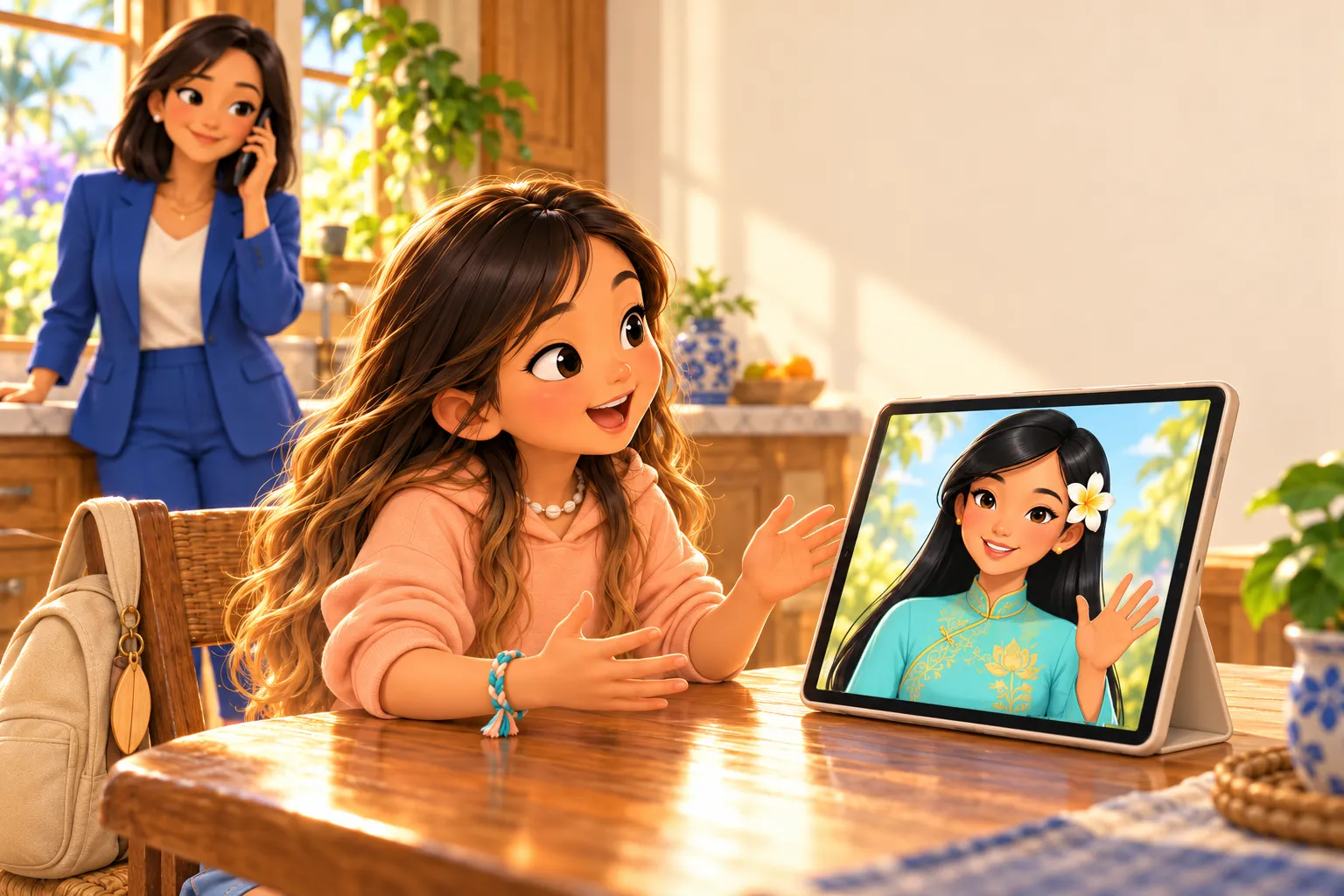 Illustration: at the kitchen table, a girl says a word out loud to Cô Vi, who waves from a tablet; her mother, on a phone call at the counter, watches and smiles.