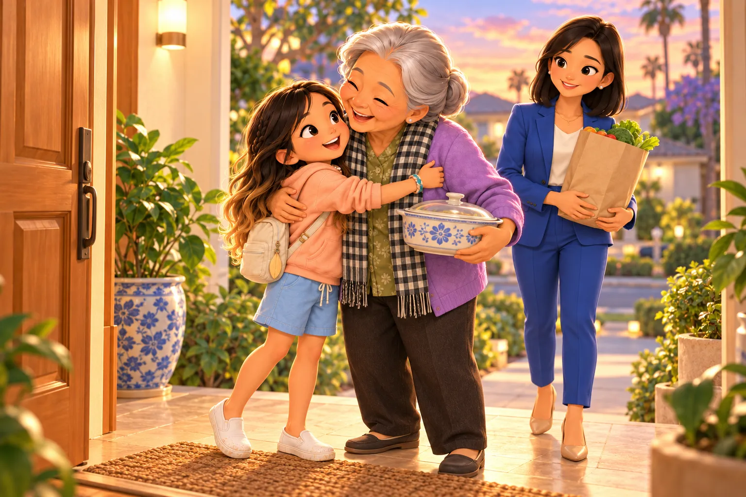 Illustration: on a weeknight, a girl hugs her grandmother hello at the front door while her mother, in a blue suit, carries in groceries and smiles.