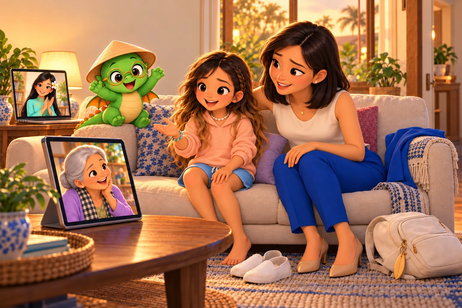 Illustration: the same living room in golden evening light. The girl leans toward her grandmother on the video call and says hello, beaming; Bảo cheers from the sofa, Cô Vi claps on a laptop, and her mother, no longer translating, smiles beside her.