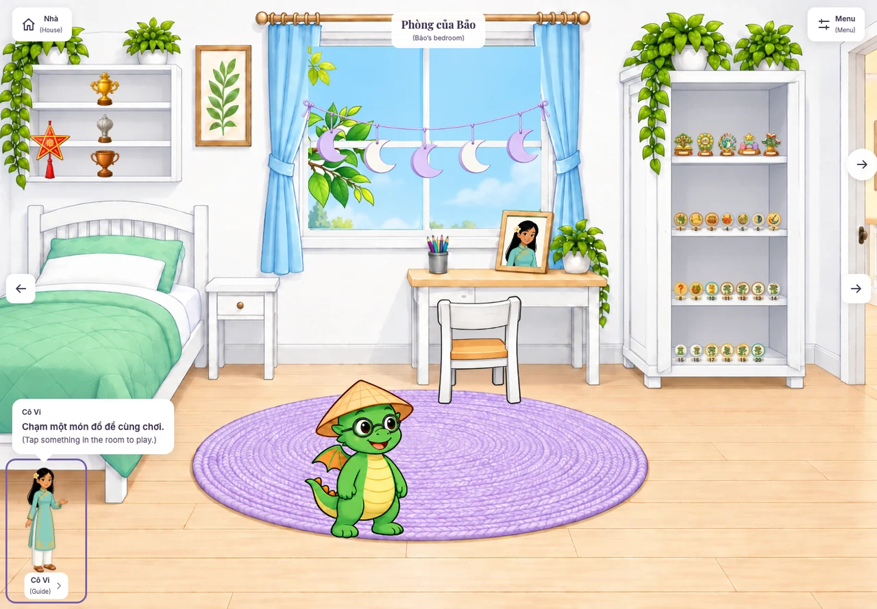 Bảo in his illustrated bedroom, with a cozy bed, reading desk and achievements closet