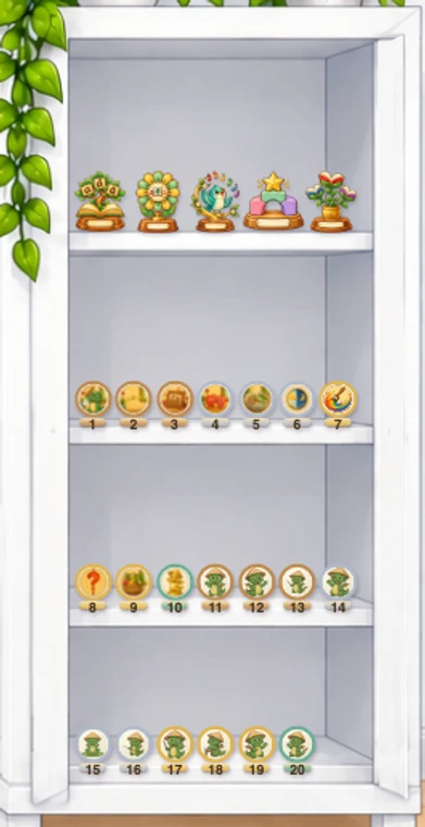 The open achievements trophy closet displaying five Foundations trophies and twenty lesson badges