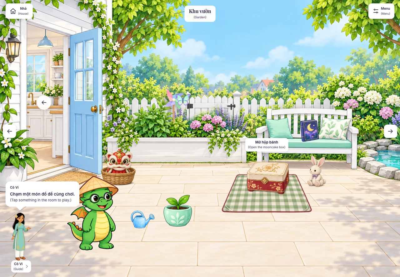 Bảo’s flower-filled backyard, with a bench, storybook and picnic corner